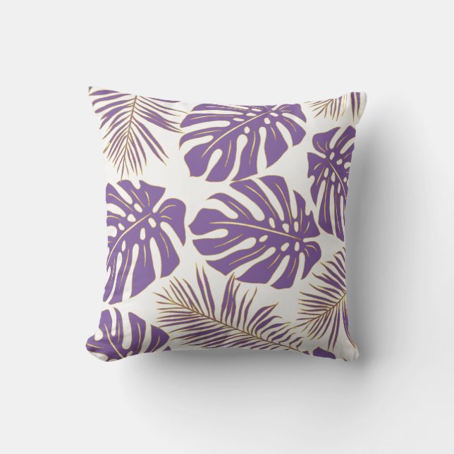 Purple tropical monstera leaves pattern cushion (Front)