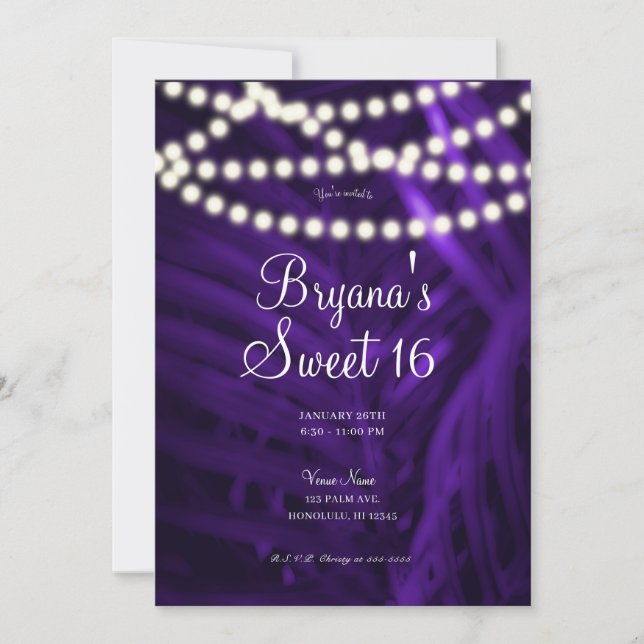Purple Tropical Palm Leaves & Lights Sweet 16   Invitation (Front)