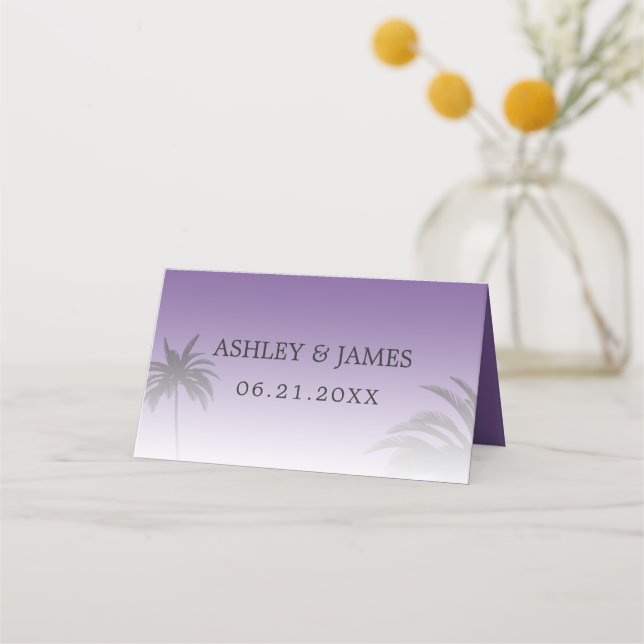 Purple Tropical Palm Tree Beach Wedding Place Card (Front)