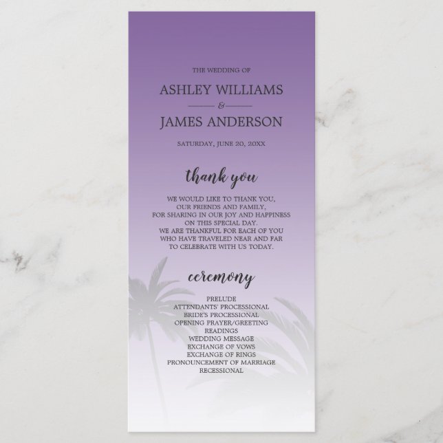Purple Tropical Palm Tree Beach Wedding Programme (Front)