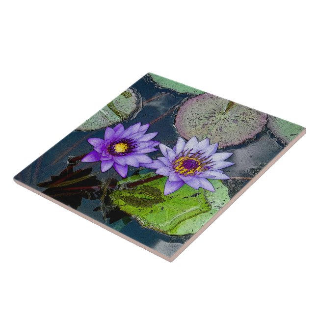 PURPLE TROPICAL WATER LILIES AMID LILY PADS TILE (Side)