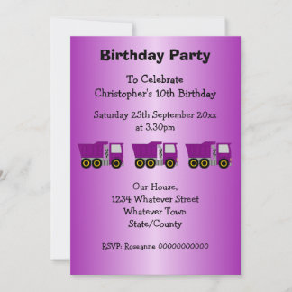 Purple Truck Design Boy's Birthday Party Invitation