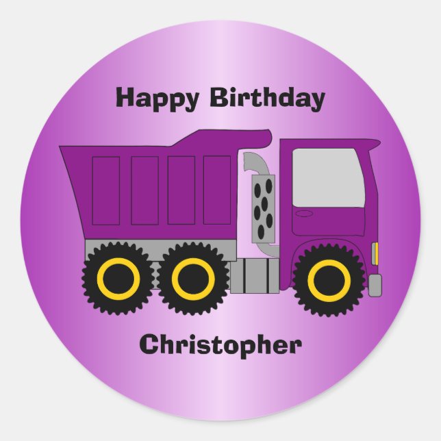 Purple Truck Design Personalised Birthday Classic Round Sticker (Front)