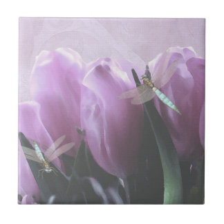 Purple Tulip Aqua Dragonfly Ceramic Art Tiles