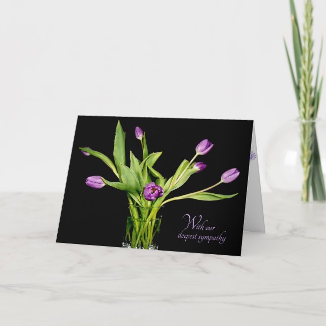 purple tulip bouquet on black sympathy card (Front)
