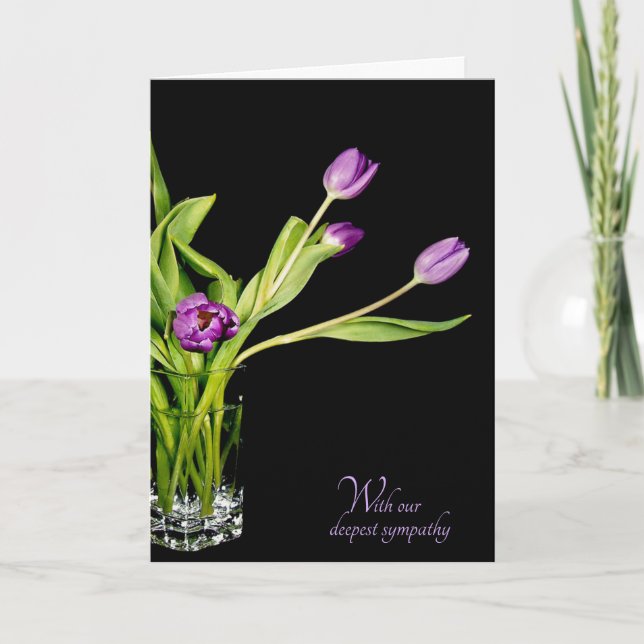 purple tulip bouquet on black sympathy card (Front)