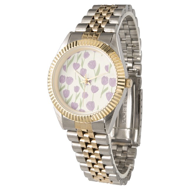 Purple Tulip Floral Pattern Watch (Angled)