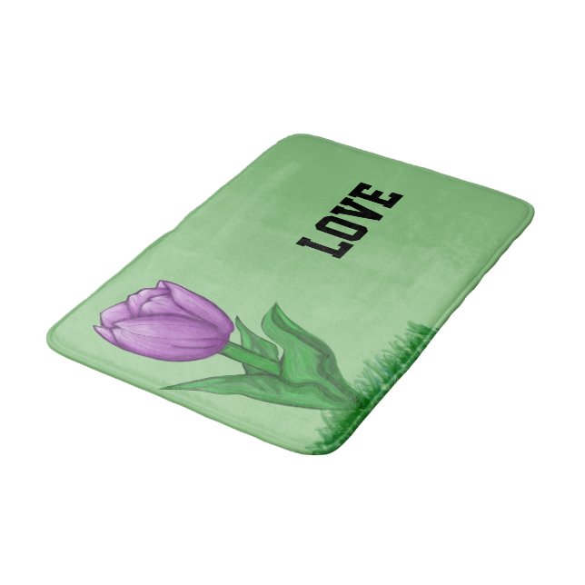 Purple Tulip Floral Sage Green Love Bath Mat (Angled)