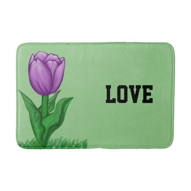 Purple Tulip Floral Sage Green Love Bath Mat (Front)