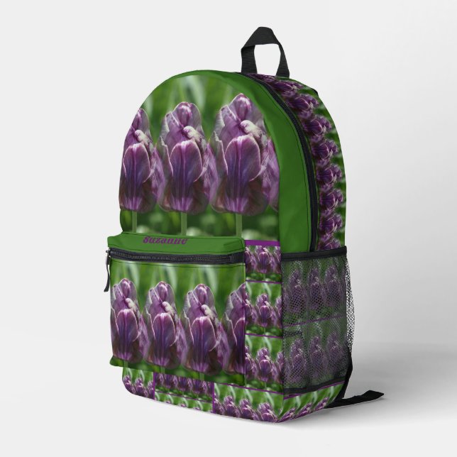 Purple Tulip Flower Personalised Printed Backpack (Back Corner Right)