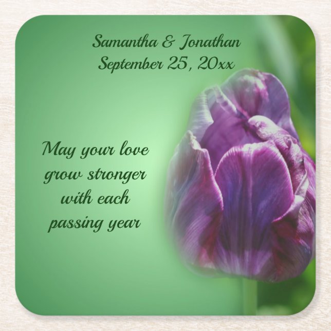 Purple Tulip Flower Personalised Wedding Square Paper Coaster (Front)