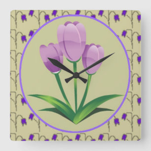 Purple tulip flower vintage pattern cute square wall clock