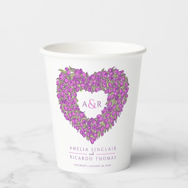 Purple tulip heart bouquet art monogram wedding paper cups (Front)