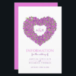 Purple tulip heart wedding guest information<br><div class="desc">Tulip heart bouquet monogram wedding guest information sheet. Beautiful wedding information leaflet ideal to help your guest understand how to reach your wedding destination and see the schedule, accommodation information and social media hashtag details on your wedding day. Personalise with your own details. Pretty purple mauve flowers, fresh spring green...</div>