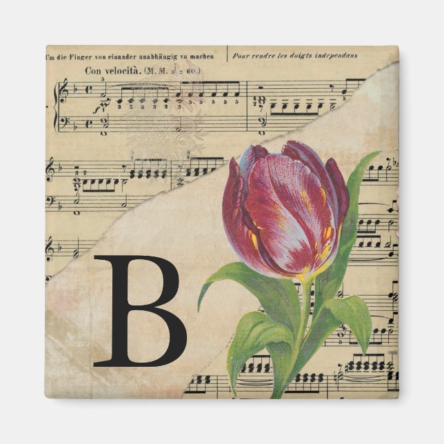 Purple Tulip Sheet Music Monogram Initial B Magnet (Front)