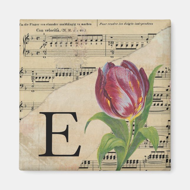 Purple Tulip Sheet Music Monogram Initial E Magnet (Front)