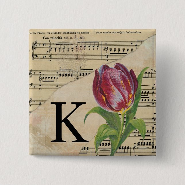 Purple Tulip Sheet Music Monogram Initial K 15 Cm Square Badge (Front)