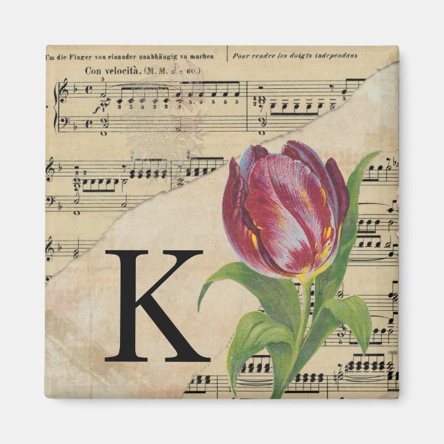Purple Tulip Sheet Music Monogram Initial K Magnet (Front)