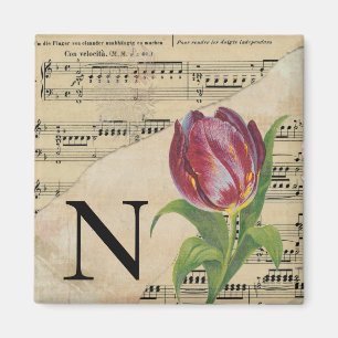 Purple Tulip Sheet Music Monogram Initial N Magnet