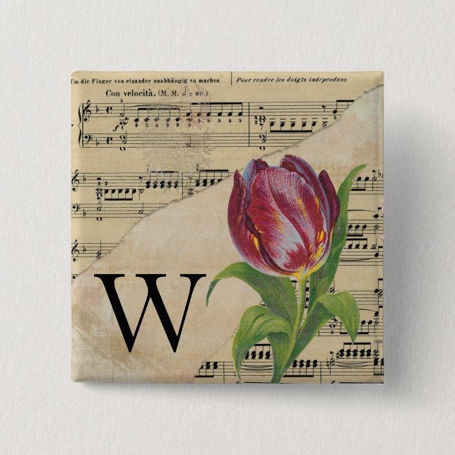 Purple Tulip Sheet Music Monogram Initial W 15 Cm Square Badge (Front)