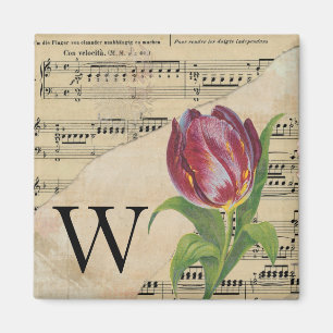 Purple Tulip Sheet Music Monogram Initial W Magnet
