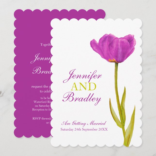 Purple tulip watercolor art spring wedding invitation (Front/Back)