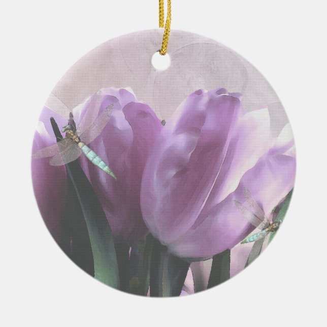 Purple Tulips Aqua Dragonflies Ceramic Tree Decoration (Front)
