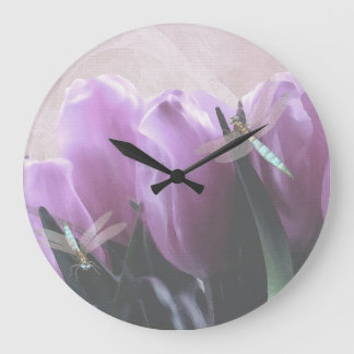 Purple Tulips Aqua Dragonflies Large Clock