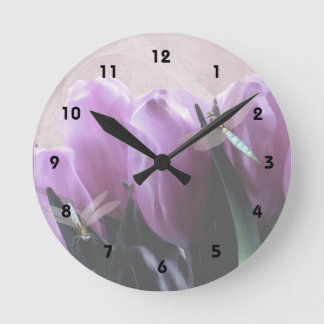 Purple Tulips Aqua Dragonflies - Numbered Round Clock