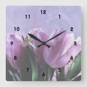 Purple Tulips Aqua Dragonflies - Numbers Square Wall Clock