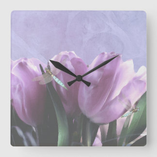Purple Tulips Aqua Dragonflies Square Wall Clock