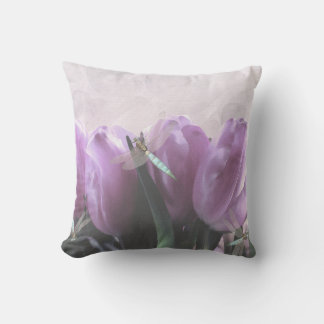 Purple Tulips Aqua Dragonflies Throw Cushions