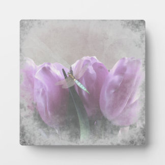 Purple Tulips Aqua Dragonfly Art Plaque Small