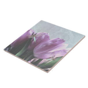 Purple Tulips Aqua Dragonfly Art Tiles