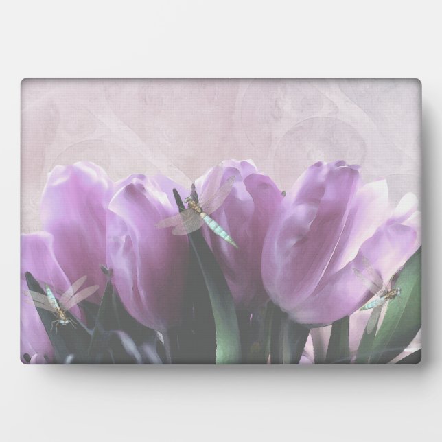 Purple Tulips Aqua Dragonfly Decorative Plaque (Front)