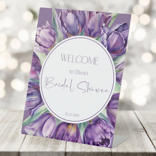 Purple tulips Bridal shower Welcome Pedestal Sign (Creator Uploaded)