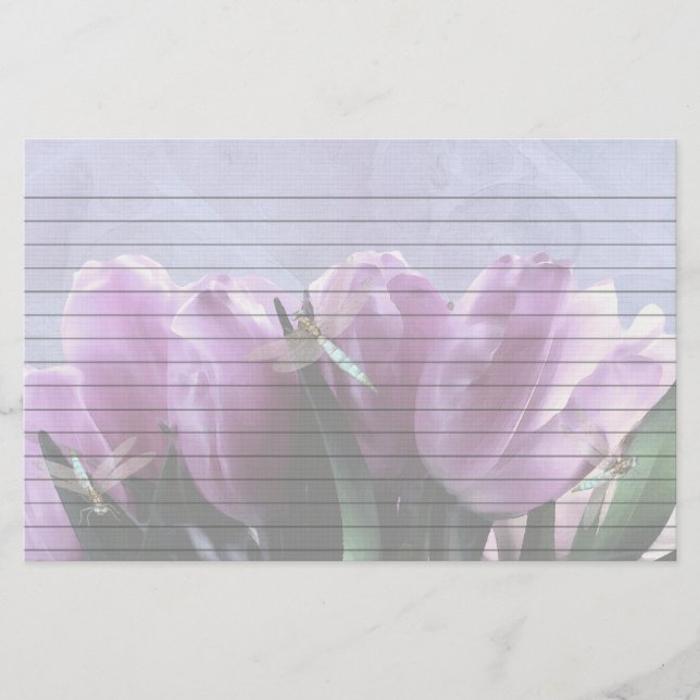 Purple Tulips Dragonfly Optional Lined Note Paper (Front)