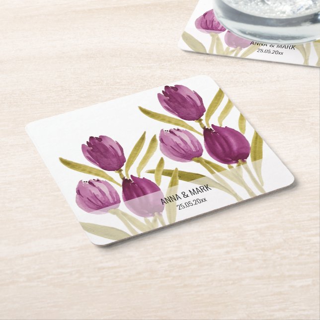 Purple Tulips Elegant Watercolor Square Paper Coaster (Angled)
