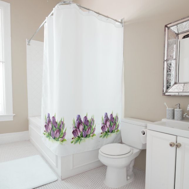 Purple Tulips Floral Watercolor Pattern Shower Curtain (In Situ)