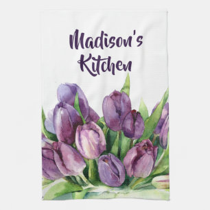 Purple Tulips Floral Watercolor Pattern Tea Towel