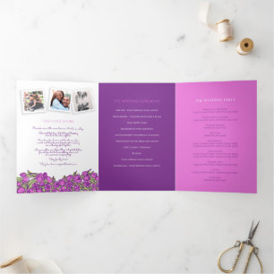 Purple tulips heart art story dedication wedding Tri-Fold programme