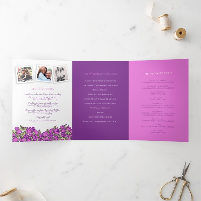 Purple tulips heart art story dedication wedding Tri-Fold programme (Inside)