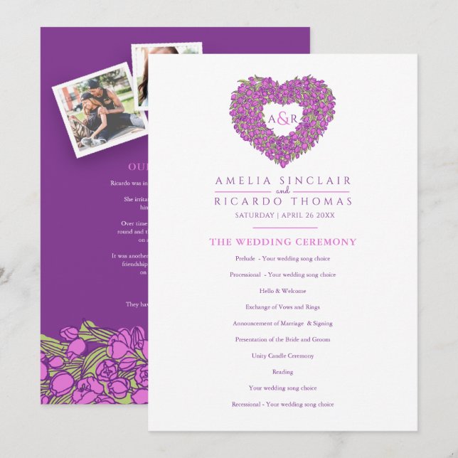 Purple tulips heart love story ceremony programme (Front/Back)