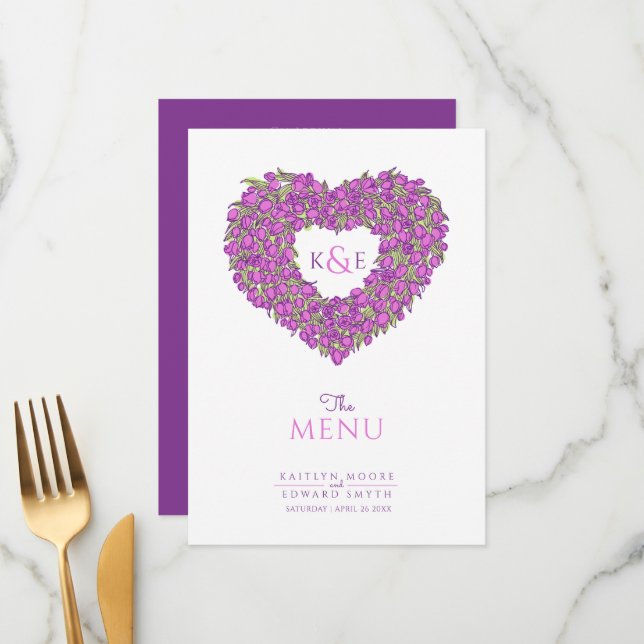 Purple tulips heart wreath monogram wedding menu (Front/Back In Situ)