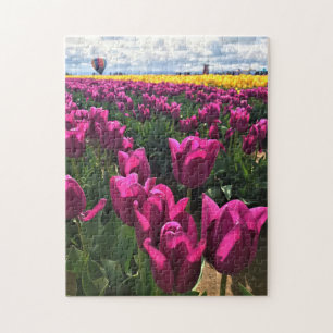 Purple Tulips in a Field with a Hot Air Balloon Jigsaw Puzzle