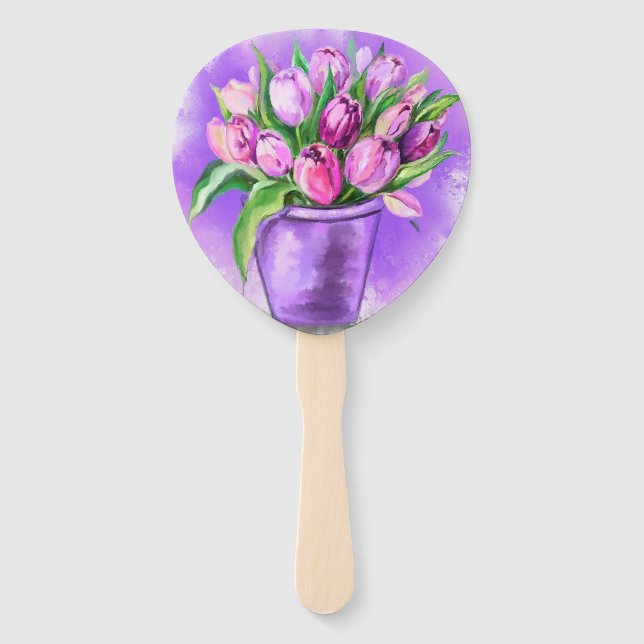 Purple Tulips In Purple Flower Pot Hand Fans (Back)