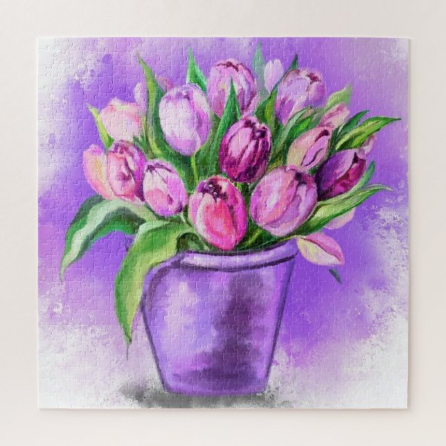 Purple Tulips In Purple Pot Puzzle Watercolor (Vertical)