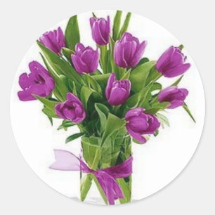 purple tulips in vase classic round sticker