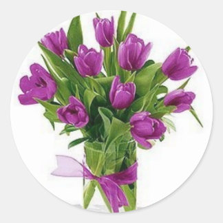 purple tulips in vase classic round sticker
