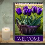 Purple Tulips in Wicker Basket Welcome Wooden Box Sign<br><div class="desc">This wooden box sign with elegant dark purple tulips in a wicker basket can be personalised with your desired phrase or name. Perfect for a wedding,  anniversary or housewarming gift.</div>
